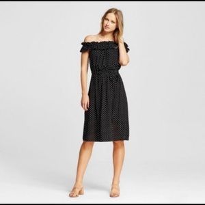 Who What Wear polka dot off shoulder midi dress